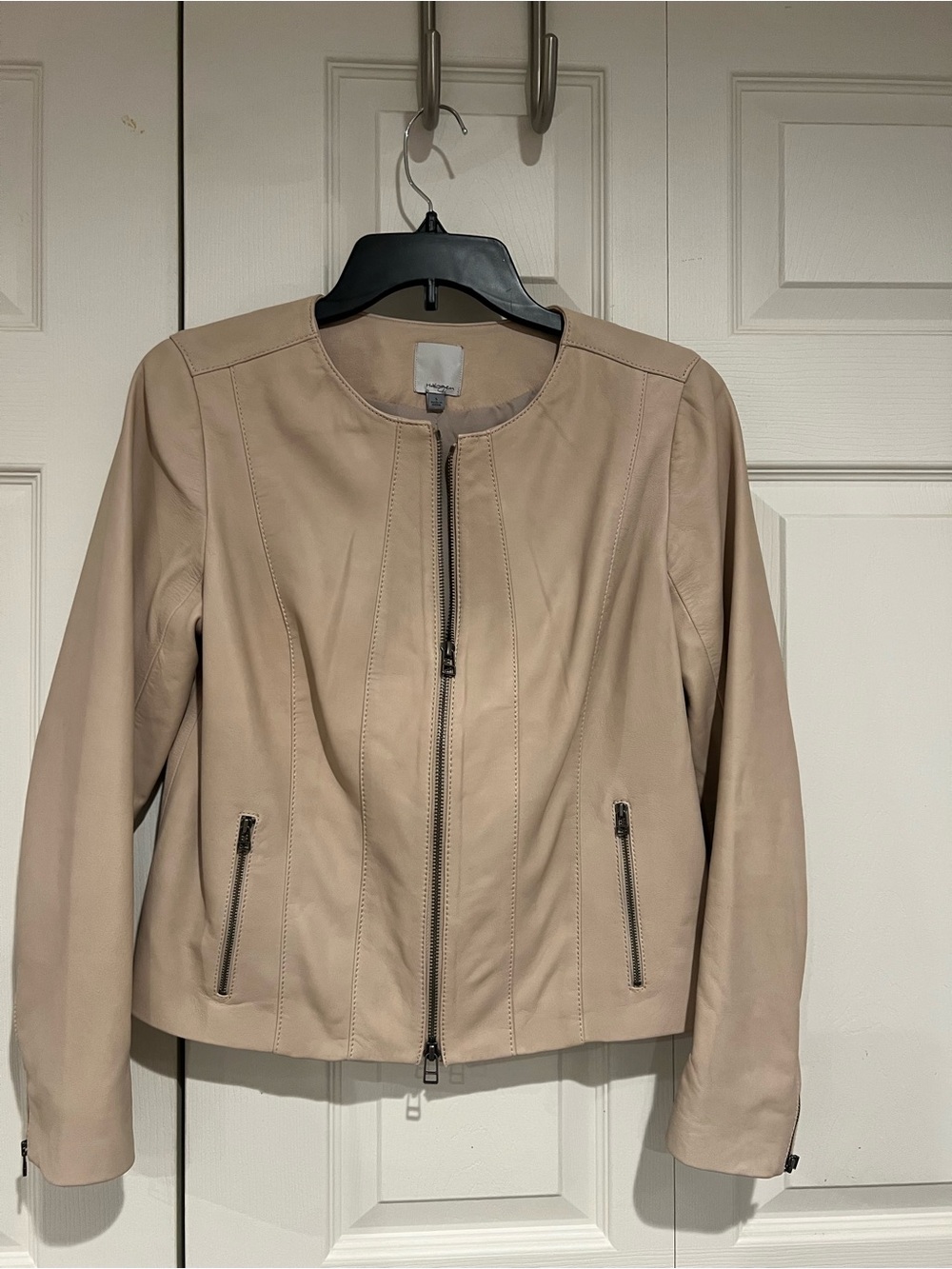 Halogen Beige Collarless Leather Zip Jacket
